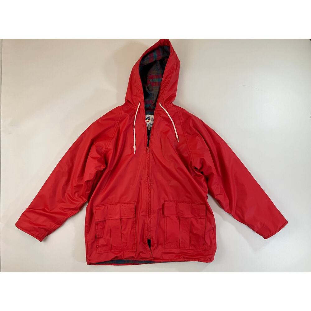 Vintage Misty Harbor Women M Red Raincoat Plaid Lined Hooded Slicker Jacket